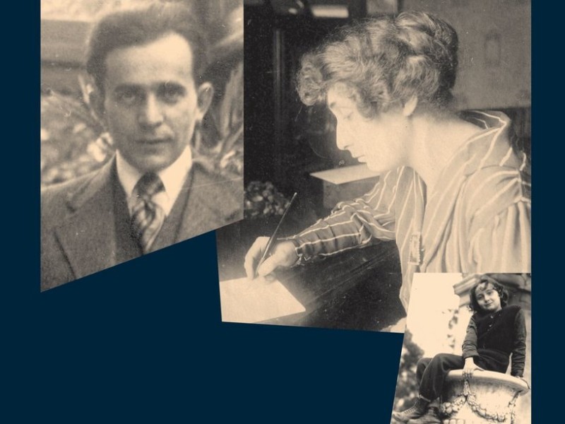 Drei Schwarz-Weiß-Fotos nebeneinander: ein Mann in Anzug und Krawatte, eine Frau mit lockigem Haar schreibt an einem Tisch, ein Kind sitzt auf einem Steinpodest