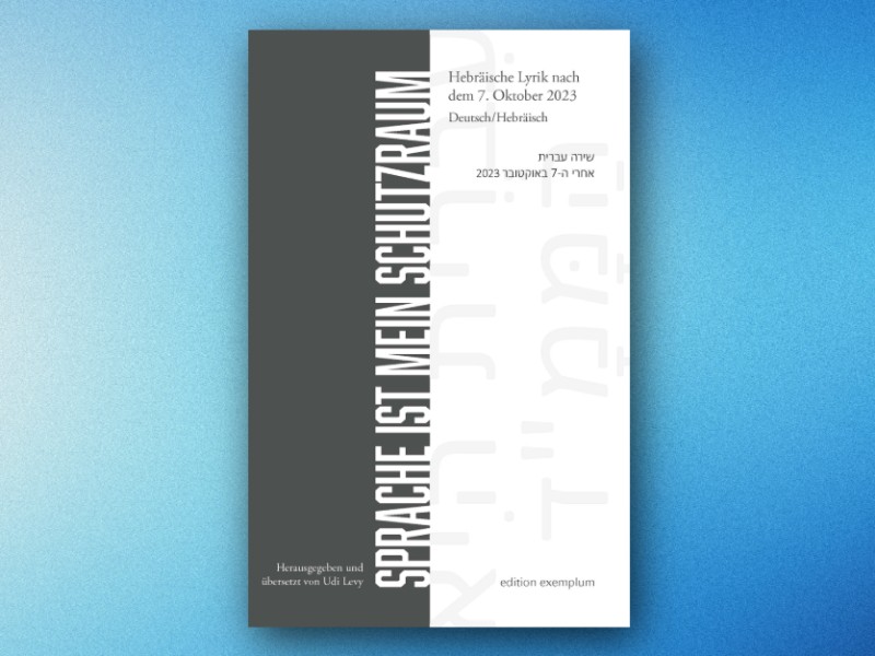 Buchcover mit vertikalem Schriftzug 'SPRACHE IST MEIN SCHUTZRAUM' auf grauem und weißem Hintergrund und kleingedrucktem Text zu Herausgebern und Erscheinungsdatum