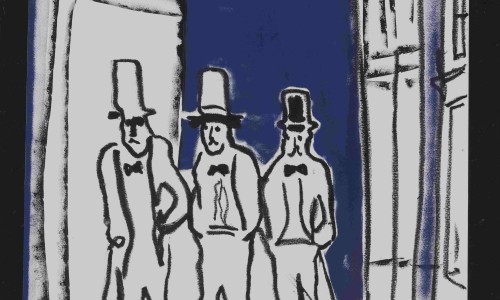 Schwarz-weiße Linienzeichnung von drei Männern mit Zylindern, die eine Straße entlanggehen, über ihnen ein großes Auge am Himmel