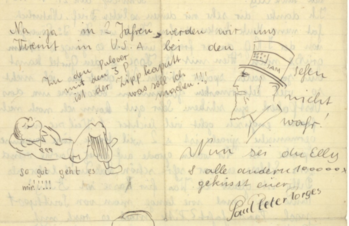 : Ein handgeschriebener Brief mit Illustrationen eines Jungen im Pullover und von Uncle Sam.