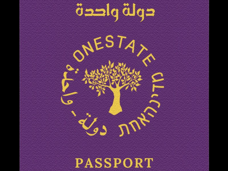 Der Reisepass der OneState Embassy hat einen lilafarbenen Einband, auf dem das Siegel der Botschaft in goldener Schrift geprägt ist