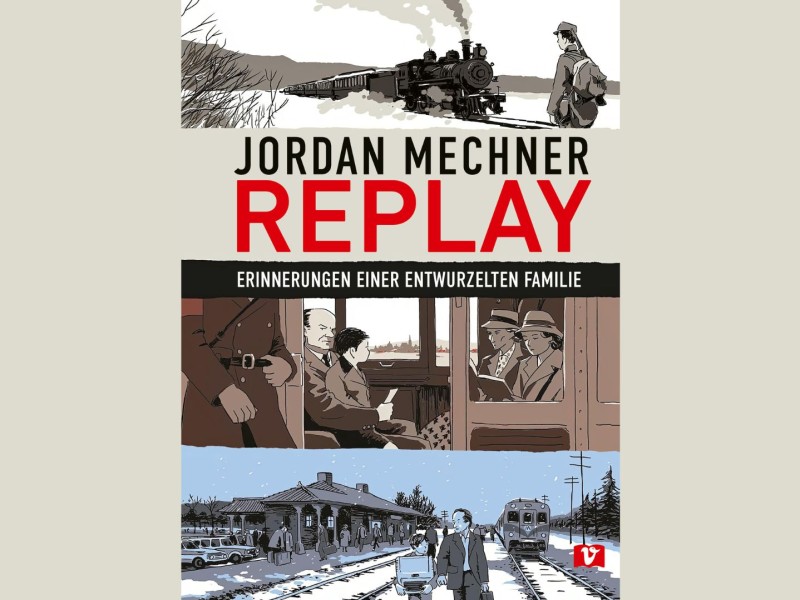 Book cover showing a steam locomotive, a man waiting on a platform, several people inside a train compartment, and a winter train station scene with an arriving train.