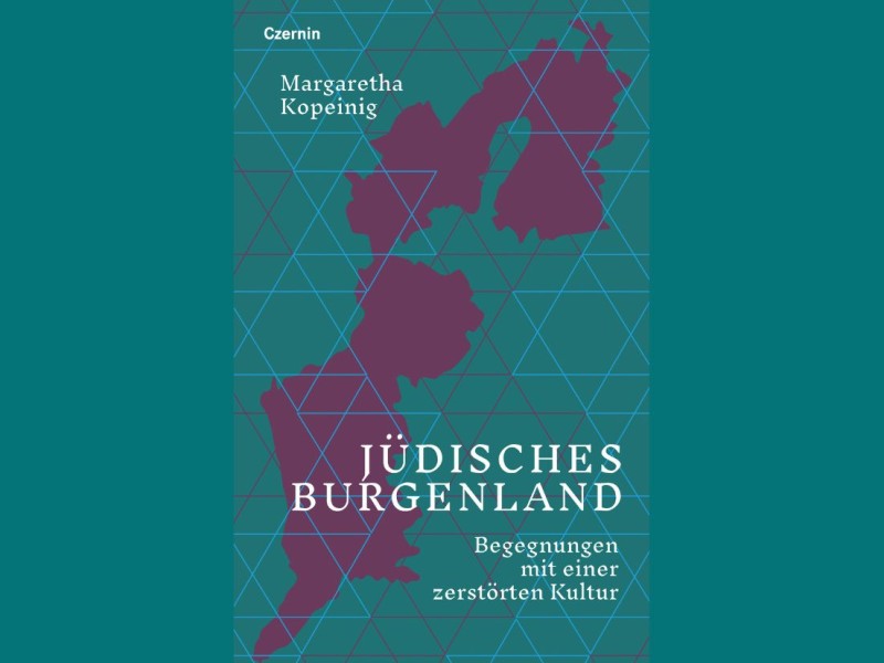 Buchcover mit stilisierten Landkartenformen und dem Titel 'Jüdisches Burgenland Begegnungen mit einer zerstörten Kultur'.