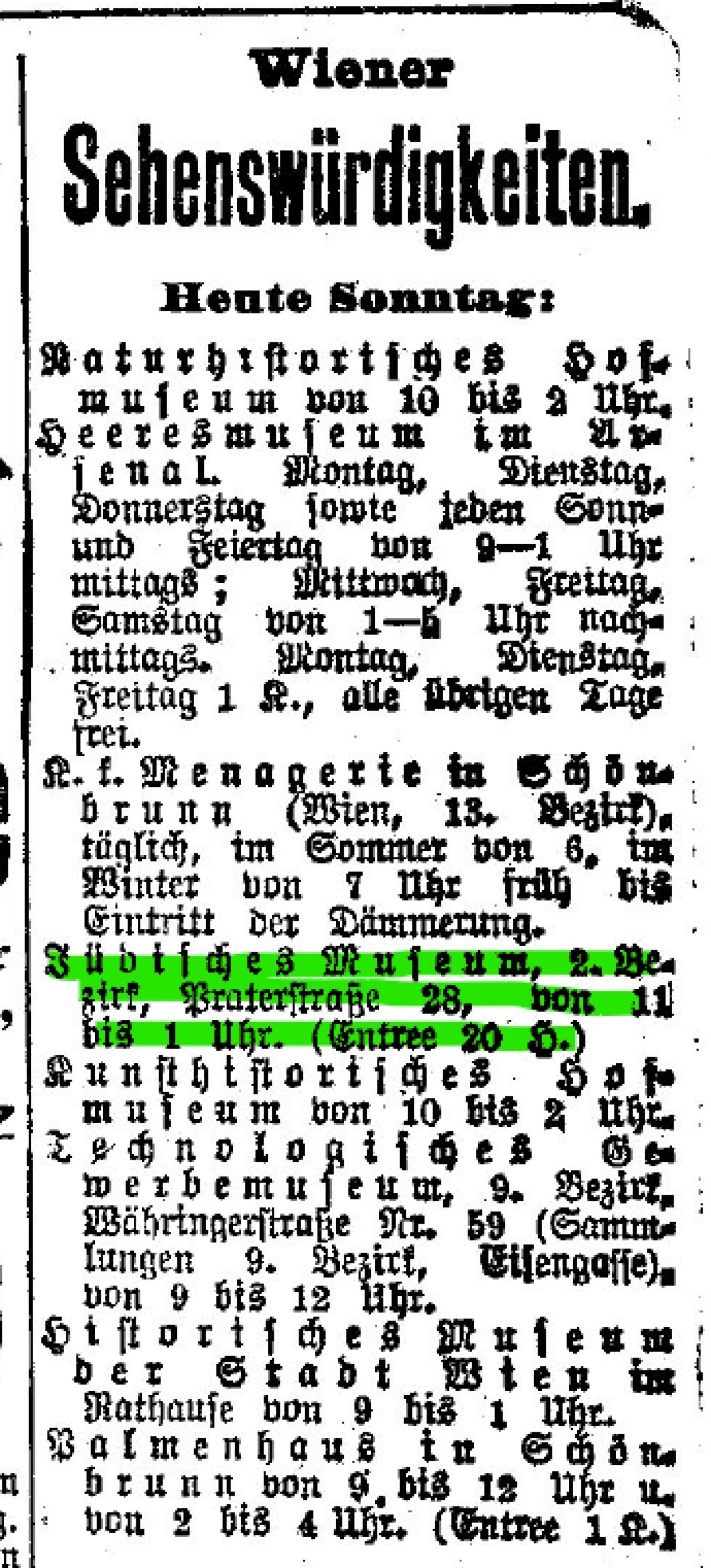 : Auszug aus einer alten Zeitung mit Öffnungszeiten des ersten Jüdischen Museums in Wien