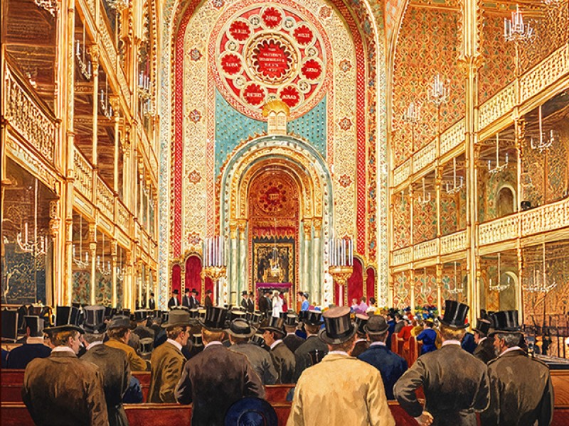 Innenansicht des Leopoldstädter Tempels mit reich verzierten Wänden und Decke, Menschen sitzen auf Bänken, Blick zum Altar.