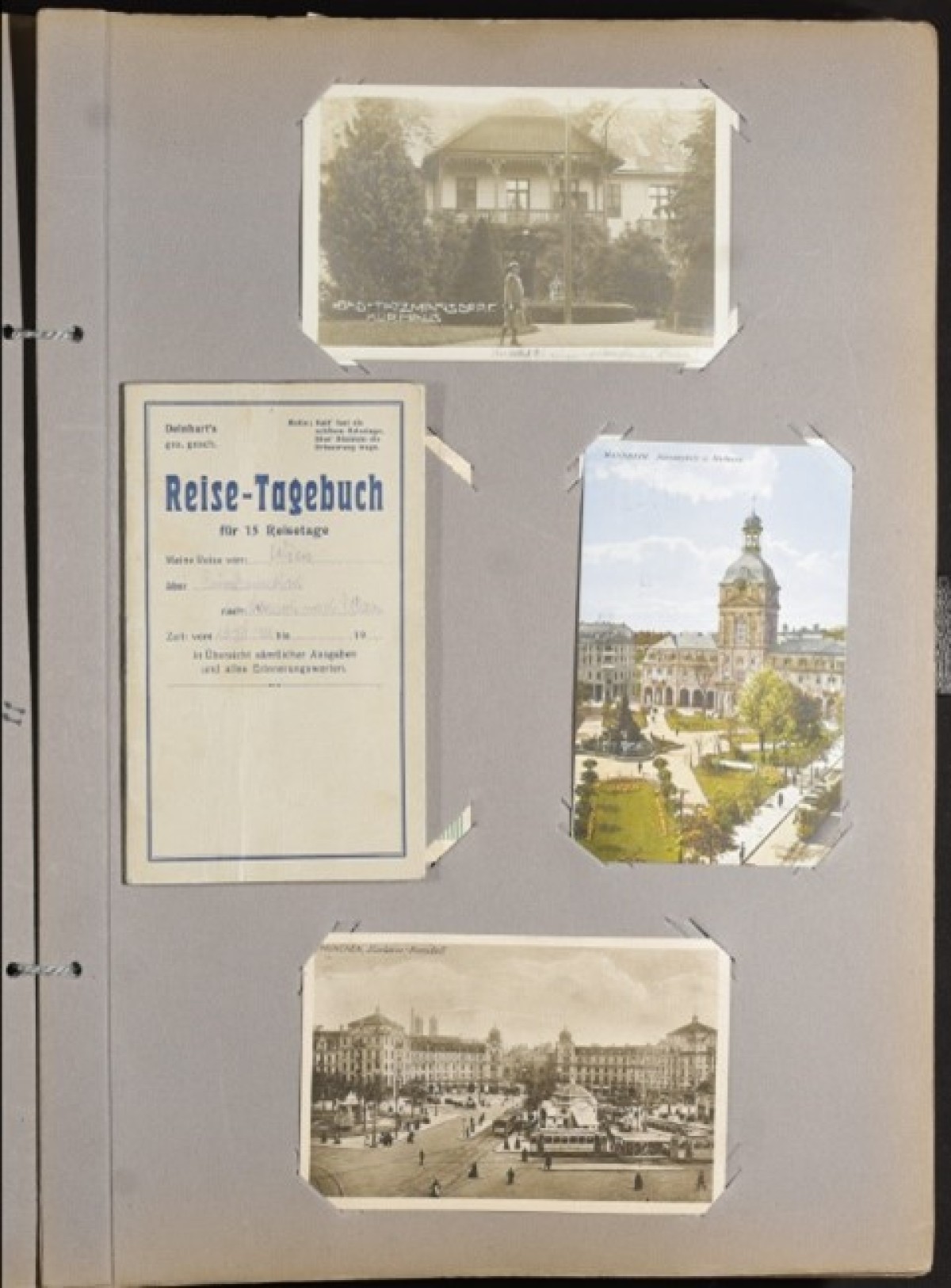 : Seite aus dem Fotoalbum mit drei historischen Fotos und einem Reise-Tagebuch