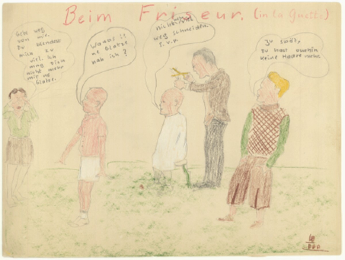 : Eine handgezeichnete Illustration von Kindern beim Haareschneiden.