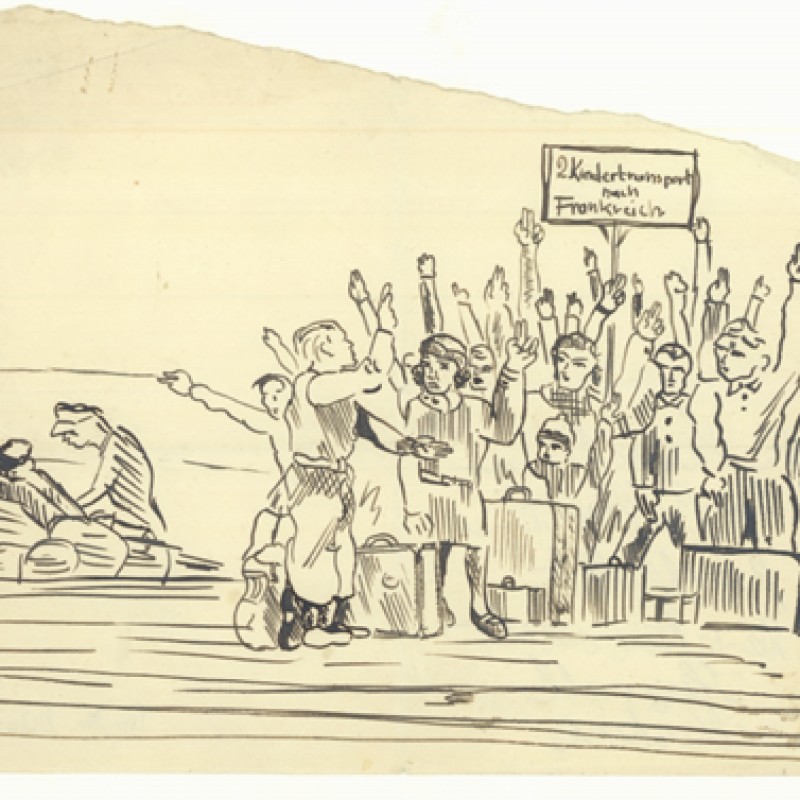 : Eine handgezeichnete Illustration von Menschen, die sich an einem Bahnhof zum Abschied zuwinken.