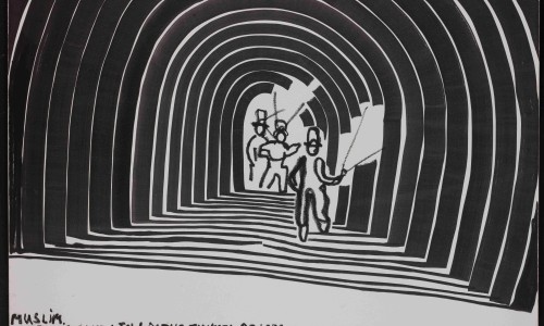 Schwarz-weiße Zeichnung eines Tunnels mit mehreren Bögen und drei Personen, von denen eine eine Fahne hält