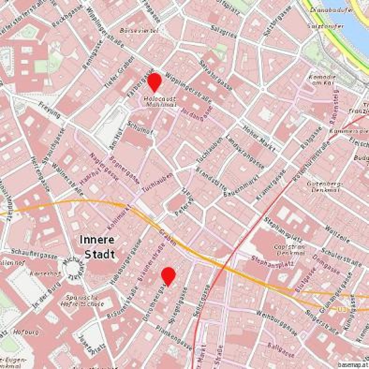 Karte mit Holocaust-Mahnmal und Dorotheergasse: Karte des Wiener Stadtzentrums mit zwei roten Markierungen, eine bei Holocaust-Mahnmal und eine bei Dorotheergasse