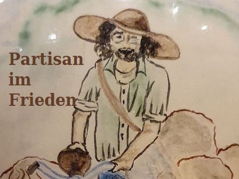 Zeichnung eines Partisanen mit Strohhut, Hemd und blauer Hose, der ein Fahrrad schiebt, umgeben von Schafen, mit dem Text 'Partisan im Frieden'