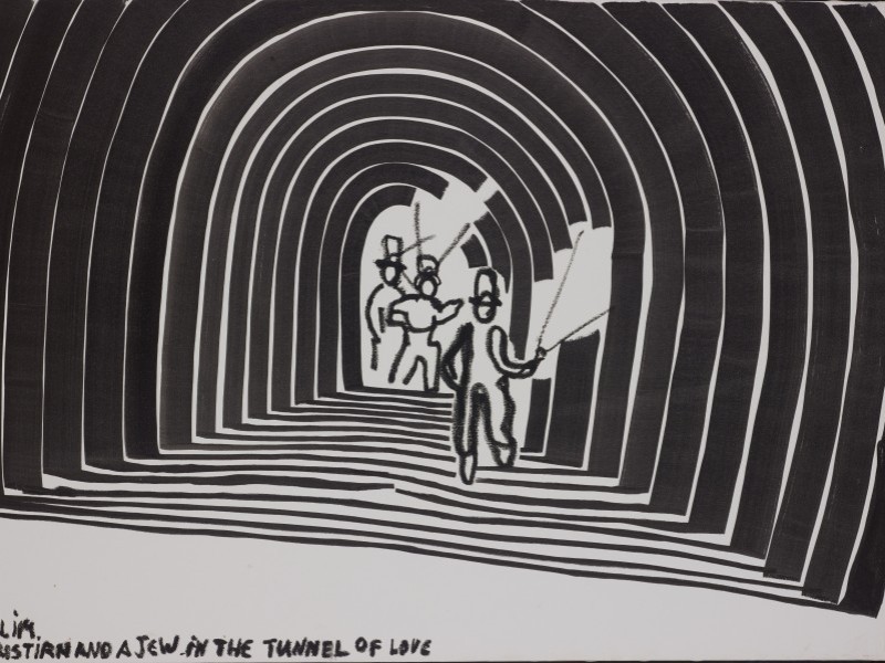 Schwarz-weiße Linienzeichnung eines Tunnels mit mehreren Figuren, von denen eine eine Fahne hält