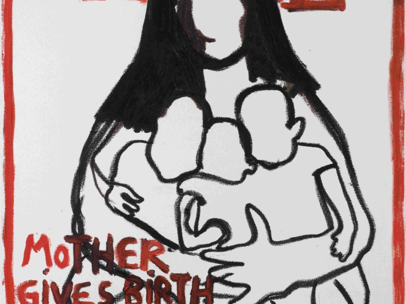 Schwarz-weiße Zeichnung einer Frau mit langen Haaren, die drei identische Babys hält, mit rotem Text 'MOTHER GIVES BIRTH TO IDENTICAL TRIPLETS A MUSLIM A CHRISTIAN AND A JEW' und dem Schriftzug 'TIME' oben