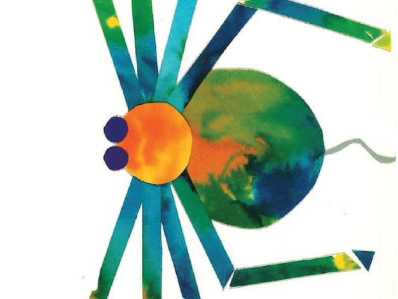 Bunte Spinne mit einem runden, orangefarbenen Körper und blauen Augen. Die Beine sind aus grünen und blauen Streifen in verschiedenen Längen.