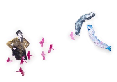 : Mehrere kleine, rot-rosa Figuren bewegen sich auf zwei größere Figuren zu, die sich einander zuwenden, eine in Schwarz-weiß, die andere in Blau- und Grautönen