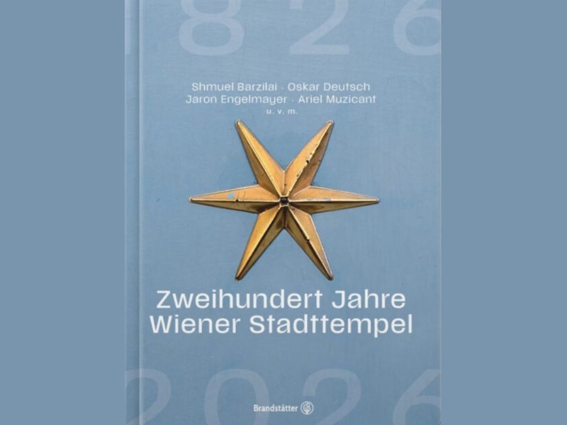 Buchcover mit goldener Sternskulptur und weißem Titeltext 'Zweihundert Jahre Wiener Stadttempel' auf hellblauem Hintergrund