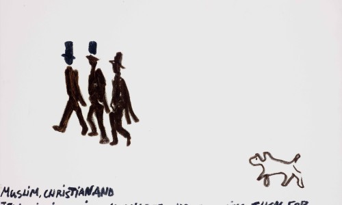 Drei Männer mit Hüten gehen links, ein Hund folgt ihnen rechts, darunter handgeschriebener Text in Englisch.