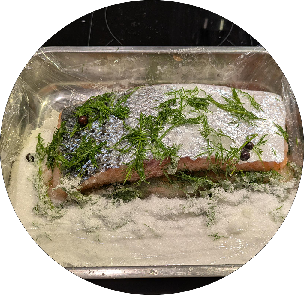 Lachsstück mit Haut in einer Metallform auf einer Salz- und Dillschicht mit Wacholderbeeren.